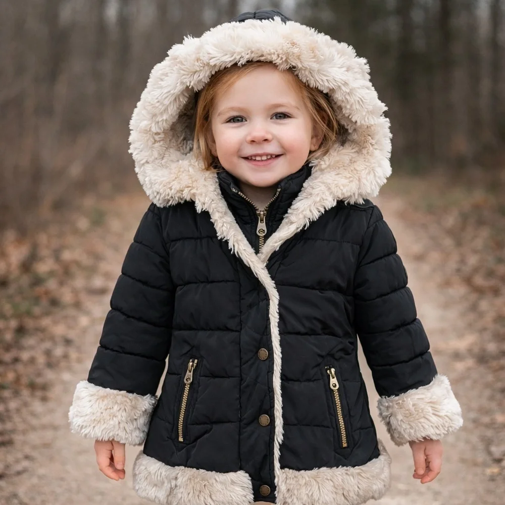 CATHERINE MALANDRINO‎ Girls Puffer Coat with Faux Fur Trim